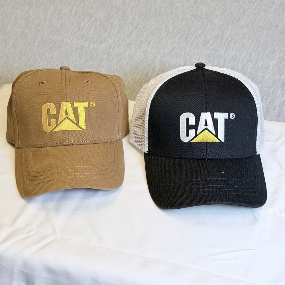 CAT Caterpillar Hat Bundle 2 Pack Brown Canvas Black White Mesh Trucker Snapback